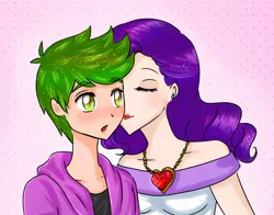 Size: 980x770 | Tagged: safe, artist:sakurayagami, derpibooru import, rarity, spike, female, fire ruby, humanized, kissing, male, shipping, sparity, spikelove, straight