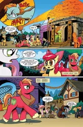 Size: 630x969 | Tagged: safe, derpibooru import, idw, apple bloom, big macintosh, fluttershy, scootaloo, snails, snips, sweetie belle, earth pony, opossum, pegasus, pony, raccoon, unicorn, spoiler:comic, catapult, clothes, colt, comic, cutie mark crusaders, enchanted tiki room, female, filly, foal, g1, g1 to g4, generation leap, grass skirt, idw advertisement, james t kirk, lawgiver, male, mare, official comic, preview, skirt, speech bubble, spock, stallion, star trek, sunstone (g1 artifact), the return of the archons, tiki room, walt disney world