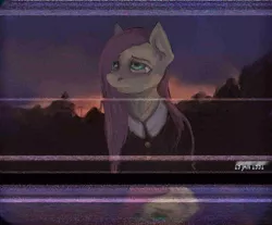 Size: 1024x849 | Tagged: artist:elkaart, bust, clothes, derpibooru import, evening, female, fluttershy, looking away, mare, noise, scan lines, semi-grimdark, solo, static, timestamp, vhs