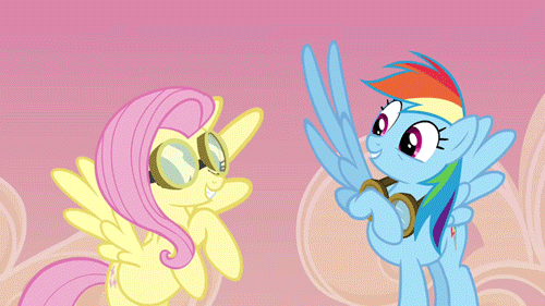 Size: 500x281 | Tagged: animated, cropped, cute, derpibooru import, eyes closed, fluttershy, flying, goggles, grin, high five, high wing, hurricane fluttershy, rainbow dash, safe, screencap, shyabetes, smiling, spread wings, wing hands