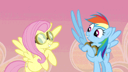 Size: 500x281 | Tagged: animated, cropped, cute, derpibooru import, eyes closed, fluttershy, flying, goggles, grin, high five, high wing, hurricane fluttershy, rainbow dash, safe, screencap, shyabetes, smiling, spread wings, wing hands