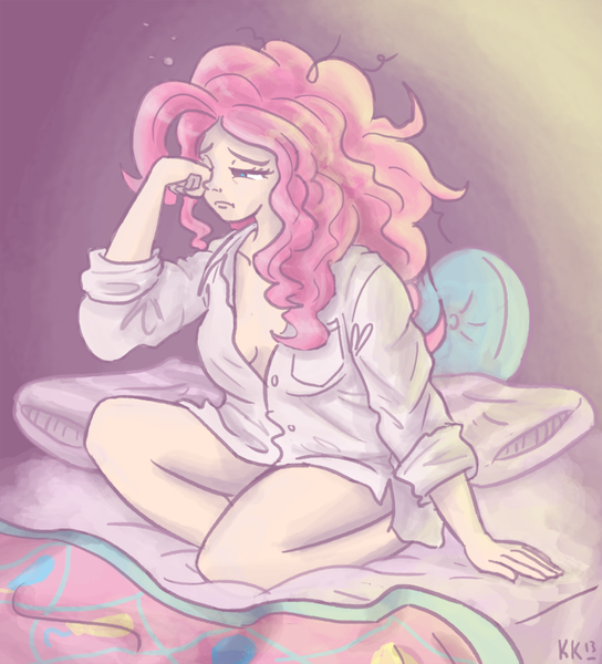 Size: 900x992 | Tagged: artist:king-kakapo, bed, bed hair, bottomless, clothes, cute, diapinkes, drawfag, human, humanized, pinkie pie, safe, shirt, sleepy, solo