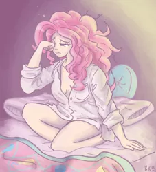 Size: 900x992 | Tagged: artist:king-kakapo, bed, bed hair, bottomless, clothes, cute, diapinkes, drawfag, human, humanized, pinkie pie, safe, shirt, sleepy, solo