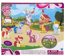 Size: 392x340 | Tagged: safe, derpibooru import, official, apple bloom, cheerilee, scootaloo, silver spoon, star dreams, sweetie belle, twist, earth pony, pegasus, pony, unicorn, alternate cutie mark, box art, brushable, female, mare, ponyville schoolhouse, toy
