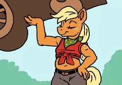 Size: 1062x744 | Tagged: anthro, applejack, artist:iveechan, belly button, clothes, derpibooru import, front knot midriff, lifting, midriff, pants, safe, solo