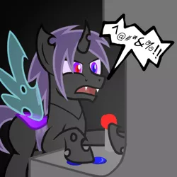 Size: 600x600 | Tagged: arcade, artist:xain-russell, censored vulgarity, changeling, derpibooru import, grawlixes, makeshift, oc, purple changeling, safe, solo, swearing, unofficial characters only, video game