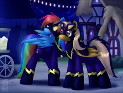 Size: 900x675 | Tagged: artist:skyheavens, clothes, derpibooru import, nightmare night, oc, rainbow dash, safe, shadowbolt dash, shadowbolts costume, side hug