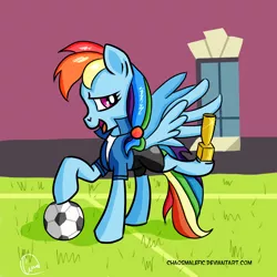 Size: 1024x1024 | Tagged: safe, artist:chaosmalefic, derpibooru import, rainbow dash, ponified, pony, equestria girls, equestria girls outfit, equestria girls ponified, football, solo, sports, trophy