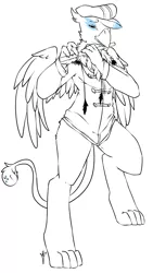 Size: 1085x1920 | Tagged: safe, artist:tiki-sama, derpibooru import, oc, oc:chrono the griffon, unofficial characters only, anthro, digitigrade anthro, gryphon, anthro oc, claws, clothes, commission, flute, hat, lineart, monochrome, musical instrument, paws, solo, uniform, wings