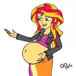 Size: 1000x1000 | Tagged: suggestive, artist:paunchy-vore, derpibooru import, sunset shimmer, equestria girls, belly, belly button, big belly, breasts, female, fetish, round belly, solo, vore, voreset shimmer