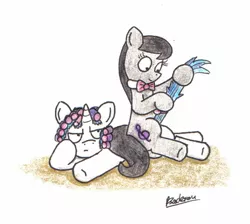 Size: 1354x1215 | Tagged: safe, artist:bobthedalek, derpibooru import, octavia melody, vinyl scratch, earth pony, pony, duo, female, funny, grooming, hair curlers, image, jpeg, makeover, tail, tail pull