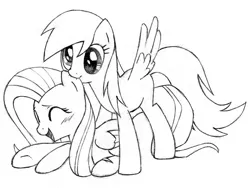 Size: 1024x768 | Tagged: safe, artist:awengrocks, derpibooru import, derpy hooves, fluttershy, pegasus, pony, biting, blushing, cute, derpyshy, ear bite, eyes closed, female, grayscale, hnnng, lesbian, lineart, mare, monochrome, nibbling, open mouth, shipping, traditional art