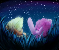 Size: 1371x1164 | Tagged: safe, artist:anticular, derpibooru import, applejack, pinkie pie, earth pony, pony, female, grass, mare, night, on back, perspective, pointing, shooting star, stargazing, stars