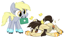 Size: 2319x1389 | Tagged: safe, artist:equestria-prevails, derpibooru import, derpy hooves, wild fire, duck, pegasus, pony, :p, circling stars, crash, cute, derpabetes, feather, filly, first aid, floppy ears, frown, injured, mouth hold, nose wrinkle, prone, roller skates, rubber duck, scrunchy face, sibsy, simple background, skates, smiling, tongue out, transparent background, vector, younger