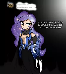 Size: 755x848 | Tagged: absolute cleavage, armor, artist:dankodeadzone, ask, breasts, cleavage, derpibooru import, dialogue, female, humanized, long hair, nightmare moon, solo, solo female, suggestive