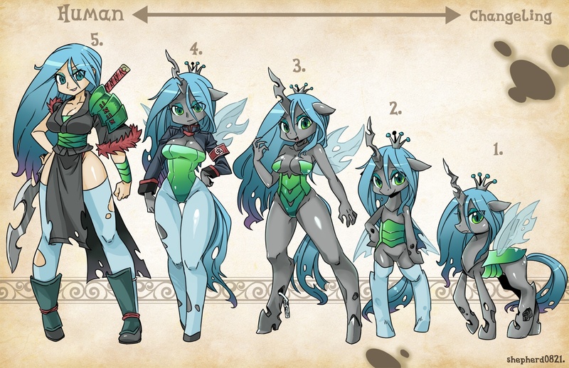 Size: 1600x1035 | Tagged: safe, artist:shepherd0821, derpibooru import, queen chrysalis, anthro, human, pony, unguligrade anthro, anthro chart, anthro with ponies, bipedal, breasts, cleavage, clothes, female, humanized, line-up, samurai, socks