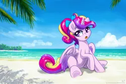 Size: 1500x1000 | Tagged: safe, artist:kp-shadowsquirrel, derpibooru import, princess cadance, alicorn, pony, beach, bow, cloud, female, hair bow, image, jpeg, my little pony, open mouth, ponytail, sand, sitting, sky, solo, water, younger