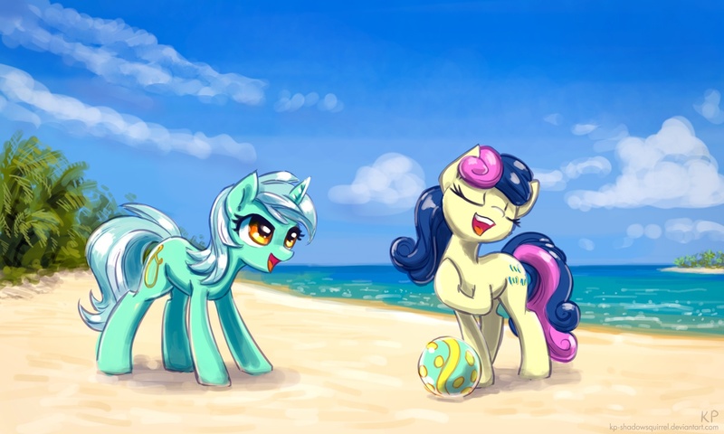 Size: 1500x900 | Tagged: safe, artist:kp-shadowsquirrel, derpibooru import, bon bon, lyra heartstrings, sweetie drops, earth pony, pony, unicorn, ball, beach, cloud, duo, eyes closed, female, mare, open mouth, sand, sky, water