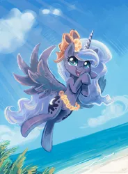 Size: 1400x1900 | Tagged: safe, artist:kp-shadowsquirrel, derpibooru import, princess luna, alicorn, pony, beach, bow, cloud, female, filly, flower, flower in hair, hair bow, open mouth, sand, sky, solo, water, woona