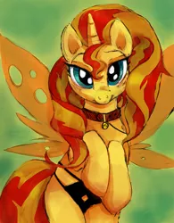Size: 2655x3400 | Tagged: suggestive, artist:buttercupsaiyan, deleted from derpibooru, derpibooru import, sunset shimmer, alicorn, pony, clothes, collar, female, looking at you, panties, solo, solo female, underwear, wings