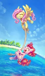 Size: 1000x1700 | Tagged: safe, artist:kp-shadowsquirrel, derpibooru import, fluttershy, pinkie pie, earth pony, pegasus, pony, beach, carrying, cloud, eyes closed, female, flying, hanging, mare, open mouth, rope, sand, scenery, sky, water