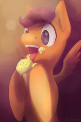 Size: 800x1200 | Tagged: artist:wolfiedrawie, derpibooru import, eating, ice cream, messy eating, safe, scootaloo, solo