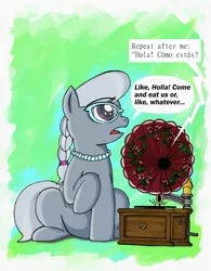 Size: 2373x3035 | Tagged: artist:berlioz-ii, derpibooru import, phonograph, safe, silver spoon, solo, spanish, speech bubble, traditional art