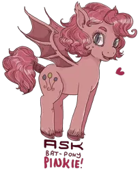 Size: 1000x1217 | Tagged: safe, artist:superlucky13, derpibooru import, pinkie pie, bat pony, pony, ask bat pony pinkie, ask, bat ponified, heart, pinkiebat, race swap, solo, text, tumblr, unshorn fetlocks