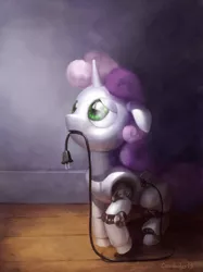 Size: 966x1289 | Tagged: safe, artist:cannibalus, derpibooru import, sweetie belle, pony, robot, robot pony, unicorn, cute, diasweetes, female, filly, floppy ears, foal, frown, hooves, horn, looking up, mouth hold, plug, recharging, sad, solo, sweetie bot, thunder struck, us plug