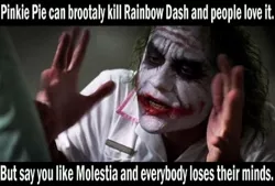 Size: 444x301 | Tagged: derpibooru import, down with down with molestia, down with molestia, down with molestia drama, drama, everyone loses their minds, fanfic:cupcakes, meme, misspelling, princess molestia, safe, the joker