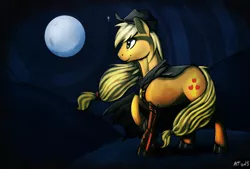 Size: 1024x693 | Tagged: applejack, artist:baisre, cape, clothes, derpibooru import, moon, prosthetics, safe, solo, van helsing