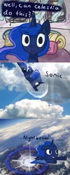 Size: 1000x2489 | Tagged: safe, artist:talludde, derpibooru import, princess luna, ask the princess of night, bedroom, cloud, cloudy, comic, cute, floppy ears, flying, looking at you, open mouth, pillow, sky, smiling, solo, sonic nightboom, sonic xboom, spread wings, tumblr