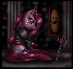 Size: 816x778 | Tagged: artist:yuki-orin, crying, dark, dark brotherhood, derpibooru import, pinkamena diane pie, pinkie pie, safe, sitting, solo, sword, the elder scrolls, weapon