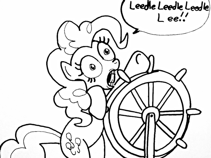 Size: 950x710 | Tagged: artist:lady-of-ratatosk, derpibooru import, faic, leedle leedle leedle lee, monochrome, parody, pinkie pie, safe, shanghaied, simple background, solo, spongebob squarepants, steering wheel