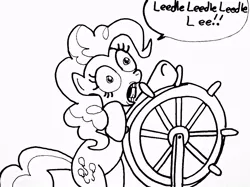 Size: 950x710 | Tagged: artist:lady-of-ratatosk, derpibooru import, faic, leedle leedle leedle lee, monochrome, parody, pinkie pie, safe, shanghaied, simple background, solo, spongebob squarepants, steering wheel