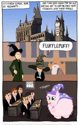 Size: 682x1082 | Tagged: accessory swap, artist:kturtle, comic, crossover, derpibooru import, harry potter, hufflepuff, oc, oc:fluffle puff, pun, safe, sorting hat, the great and powerful, trixie's cape, trixie's hat