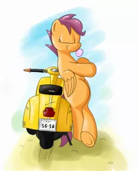 Size: 1618x2000 | Tagged: safe, artist:hieronymuswhite, derpibooru import, scootaloo, pegasus, pony, bipedal, bipedal leaning, bubblegum, eyes closed, flcl, leaning, moped, scooter, solo, vespa