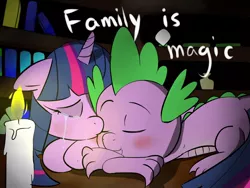 Size: 1024x768 | Tagged: artist:zouyugi, candle, crying, derpibooru import, kissing, night, safe, sleeping, spike, spikelove, twilight sparkle