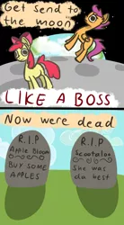 Size: 1056x1920 | Tagged: apple bloom, artist:talludde, ask the princess of night, buy some apples, dead, derpibooru import, grave, like a boss, moon, safe, scootaloo, the lonely island, tumblr