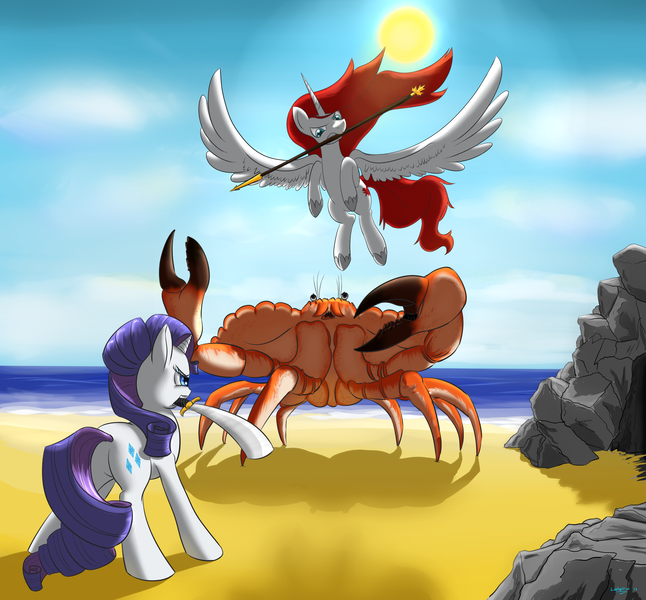 Size: 2800x2600 | Tagged: safe, artist:laptopgun, derpibooru import, rarity, oc, oc:princess apricity, alicorn, crab, pony, unicorn, alicorn oc, canada, female, mare, plot, rarity fighting a giant crab, saber, weapon