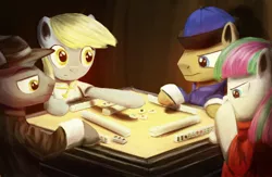 Size: 1332x870 | Tagged: safe, artist:anticular, derpibooru import, blossomforth, derpy hooves, doctor whooves, thunderlane, time turner, pegasus, pony, clothes, female, game, mahjong, mare, table, tabletop game, underp