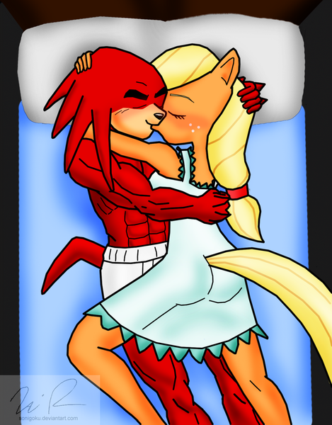 Size: 791x1011 | Tagged: anthro, applejack, appleknux, artist:sonigoku, bed, boxers, clothes, crossover, crossover shipping, derpibooru import, female, knuckles the echidna, male, nightgown, shipping, sonic the hedgehog (series), straight, suggestive, topless, underwear