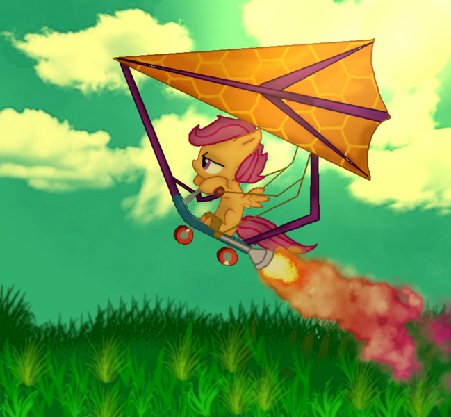 Size: 900x832 | Tagged: safe, artist:stagenamenightmare, derpibooru import, scootaloo, flying, flying contraption, glider, riding, solo