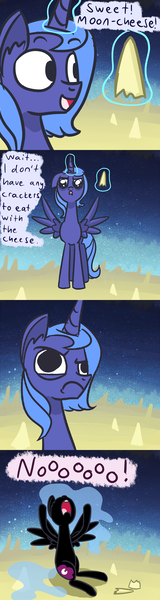 Size: 1280x4800 | Tagged: artist:talludde, ask the princess of night, cheese, comic, derpibooru import, edible heavenly object, moon, nightmare luna, nightmare moon, princess luna, s1 luna, safe, solo, tumblr, wallace and gromit