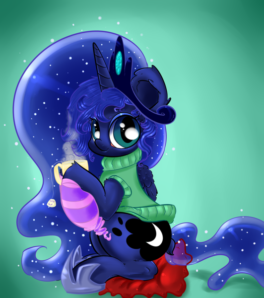 Size: 3549x4000 | Tagged: safe, artist:carligercarl, derpibooru import, princess luna, clothes, pillow, sleeveless turtleneck, solo, sweater, teacup