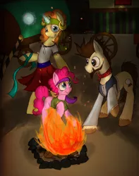 Size: 4984x6321 | Tagged: safe, artist:xenalollie, deleted from derpibooru, derpibooru import, pinkie pie, pound cake, pumpkin cake, pony, friendship is witchcraft, absurd resolution, bipedal, fire, gypsy pie, older, romani