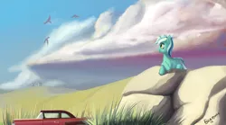 Size: 1800x1000 | Tagged: artist:rublegun, bird, car, cloud, cloudy, derpibooru import, field, fluffy, grass, lyra heartstrings, nash metropolitan, prone, rock, safe, scenery, silo, smiling, solo, unshorn fetlocks, windmill, wip