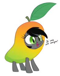 Size: 1000x1262 | Tagged: safe, artist:equestria-prevails, derpibooru import, oc, oc:jasmine, unofficial characters only, bat pony, fruit bat, pony, clothes, costume, cute, fangs, filly, french, fruit, hnnng, mango, ocbetes, open mouth, simple background, smiling, solo, standing, transparent background
