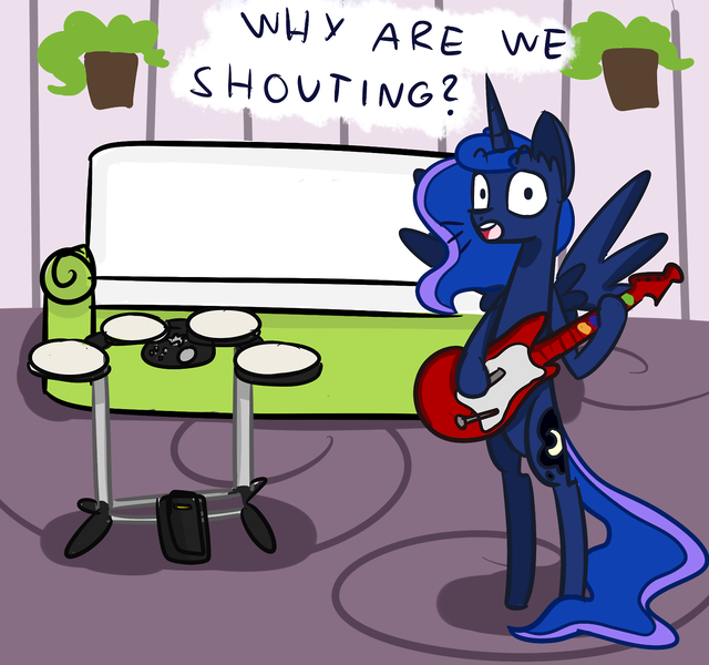 Size: 1280x1200 | Tagged: safe, artist:talludde, derpibooru import, princess luna, pony, ask the princess of night, bipedal, guitar, rhythm game, rock band, solo, tumblr, video game