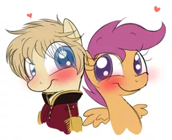 Size: 1024x837 | Tagged: artist:xxluv-bug004xx, blushing, chickuns, clothes, crossover, derpibooru import, heart, hetalia, latvia, ponified, safe, scootaloo, uniform